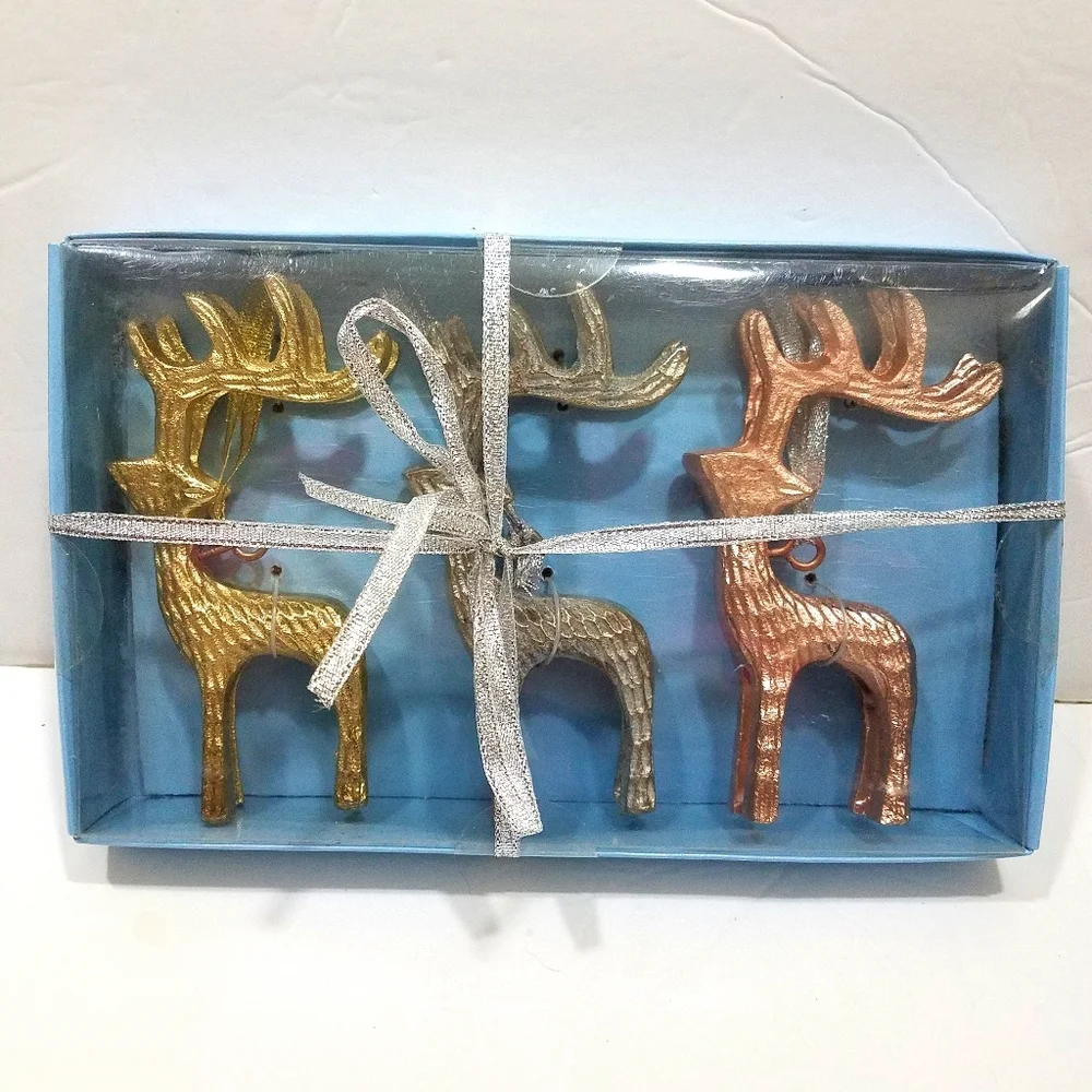 Reindeer Ornaments Set of 3 Silver Gold Copper New